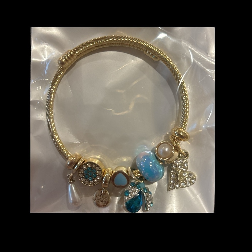 Gold-Tone Charm Bracelet – Blue, Pearl & Crystal Accents